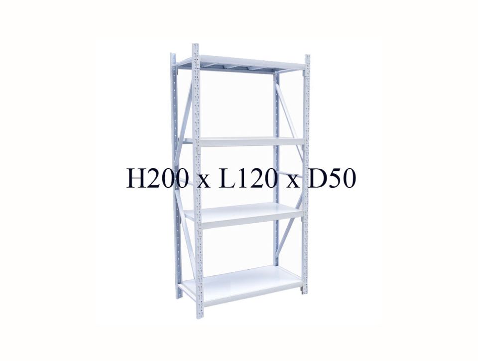 White boltless rack H200 × L120 × D50cm with four steel shelves
