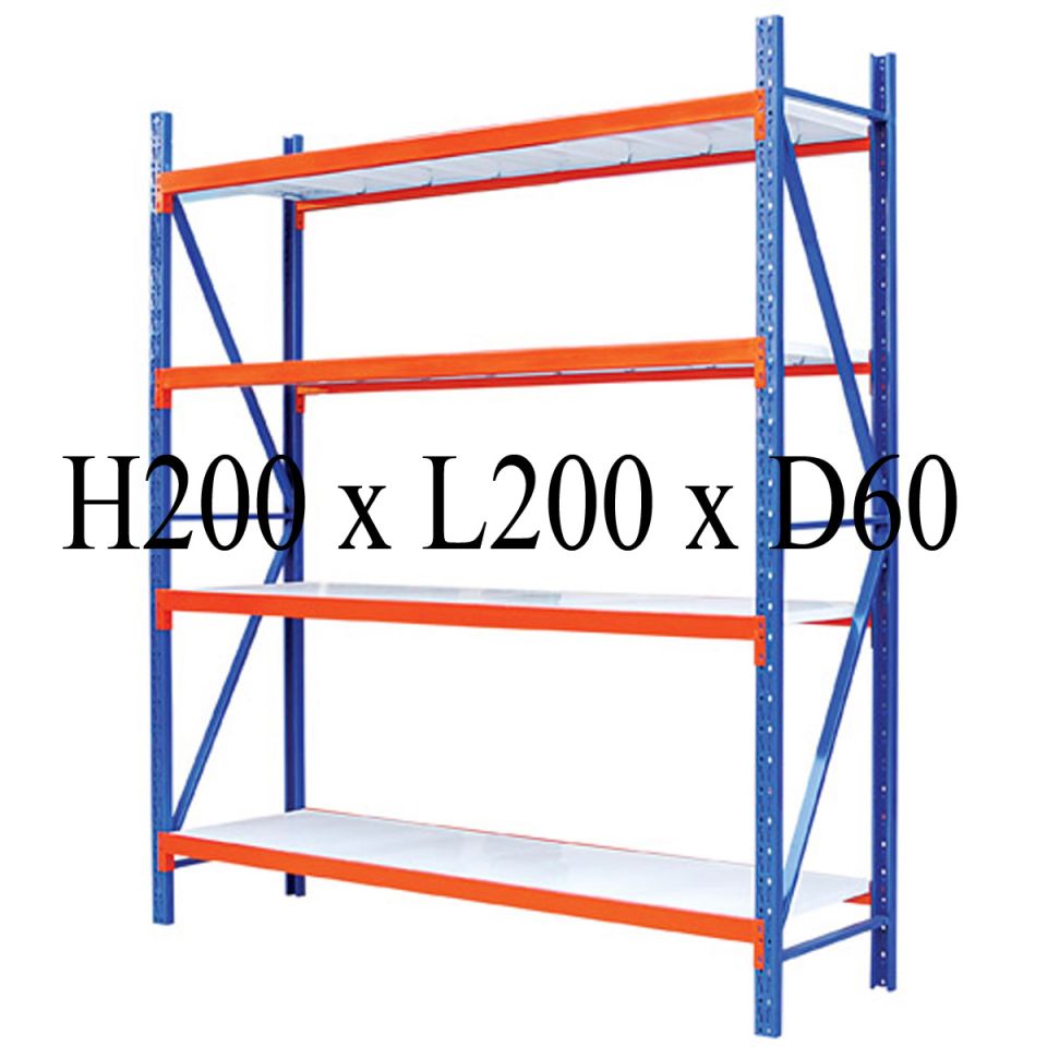 Warehouse Rack — Medium-duty boltless steel, 400kg per level, blue frame with orange beams.