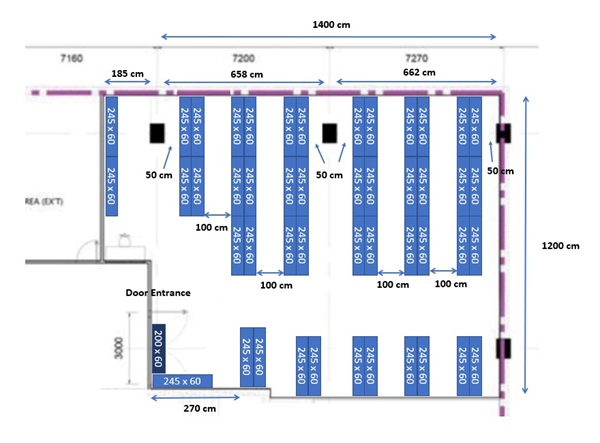 Floor plan drawing of a storage room showing rack positions, aisles and dimensions